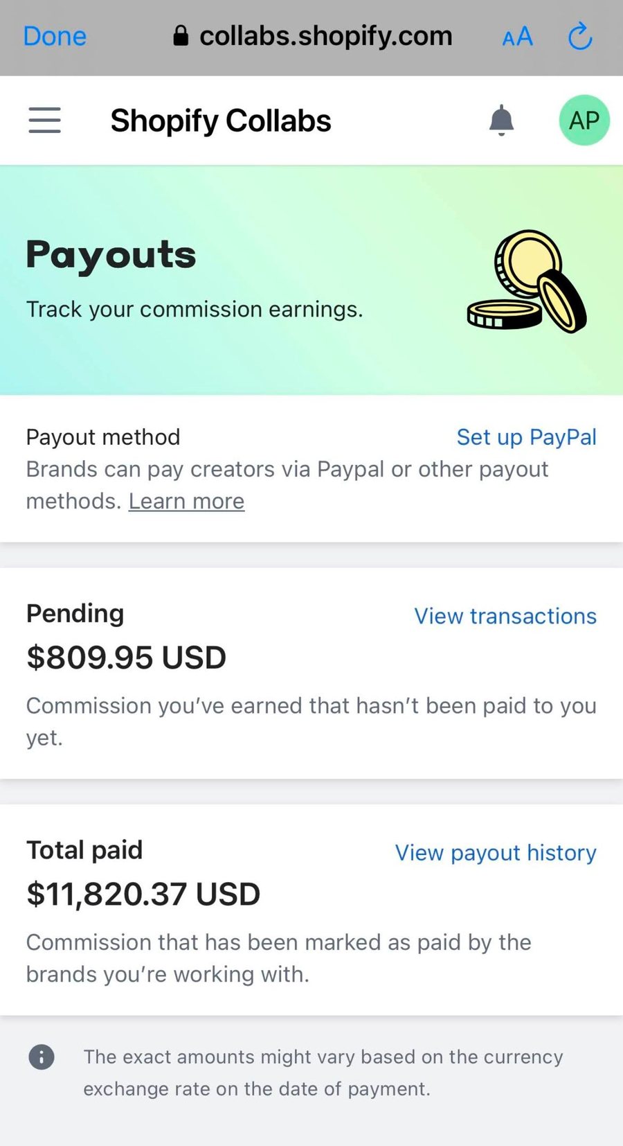 Shopify Collabs payouts dashboard